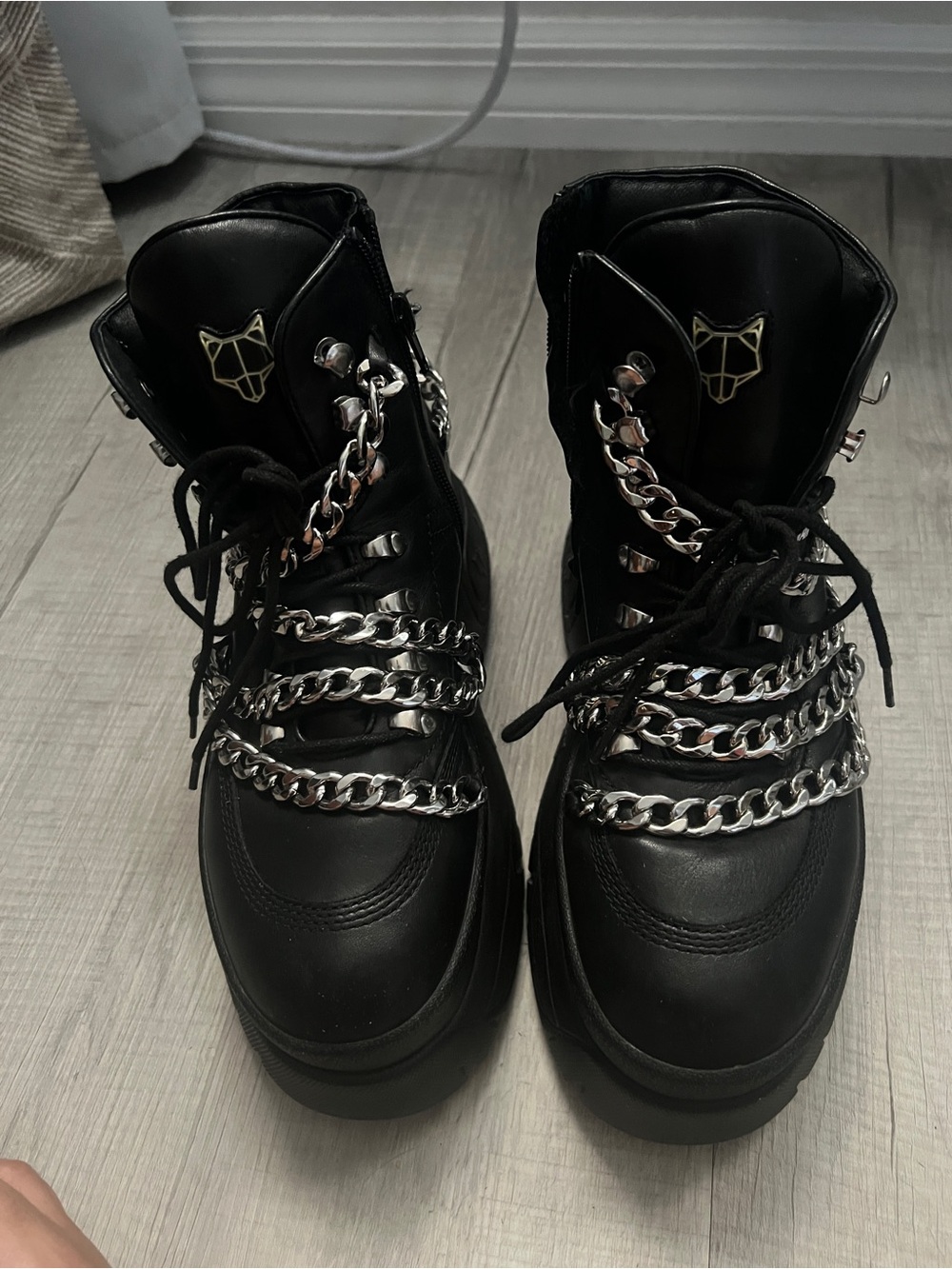 Naked Wolfe Black Leather Combat sneaker with Silver Chains platform size 8.5